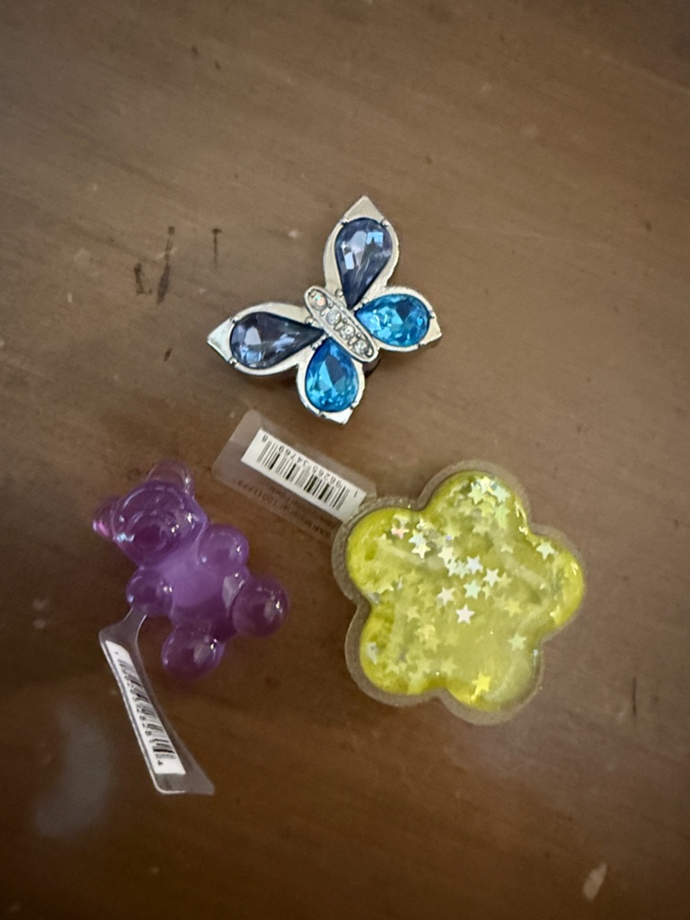 Jibbitz- Butterfly, Purple Bear, Yellow Star Glitter